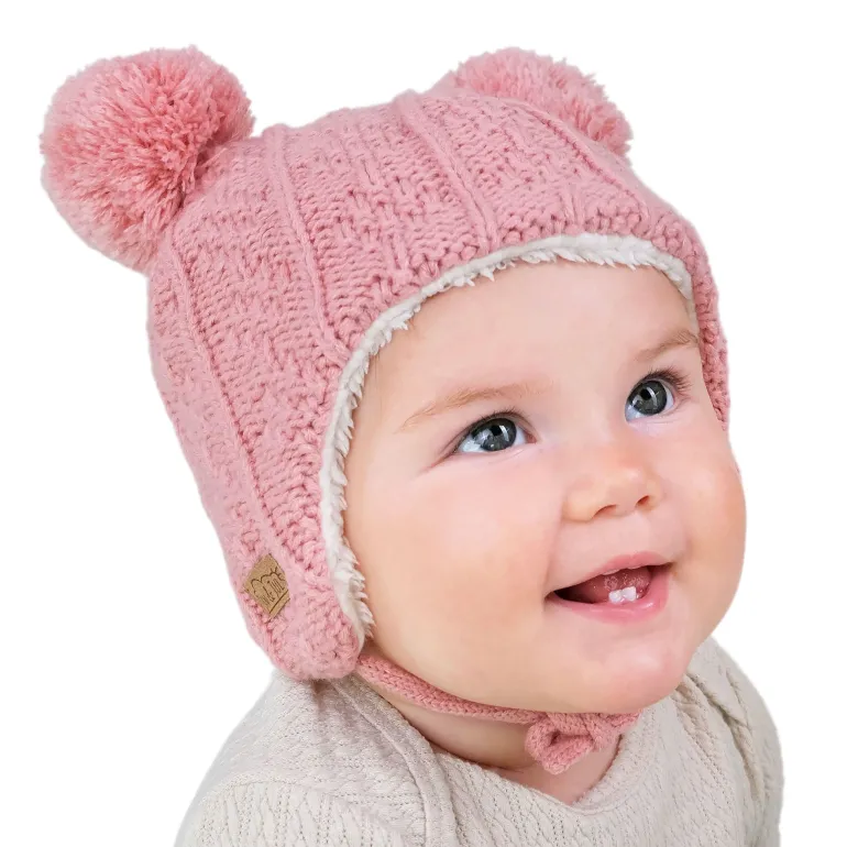 Kids Knit Winter Earflap Hats | Pink Bear