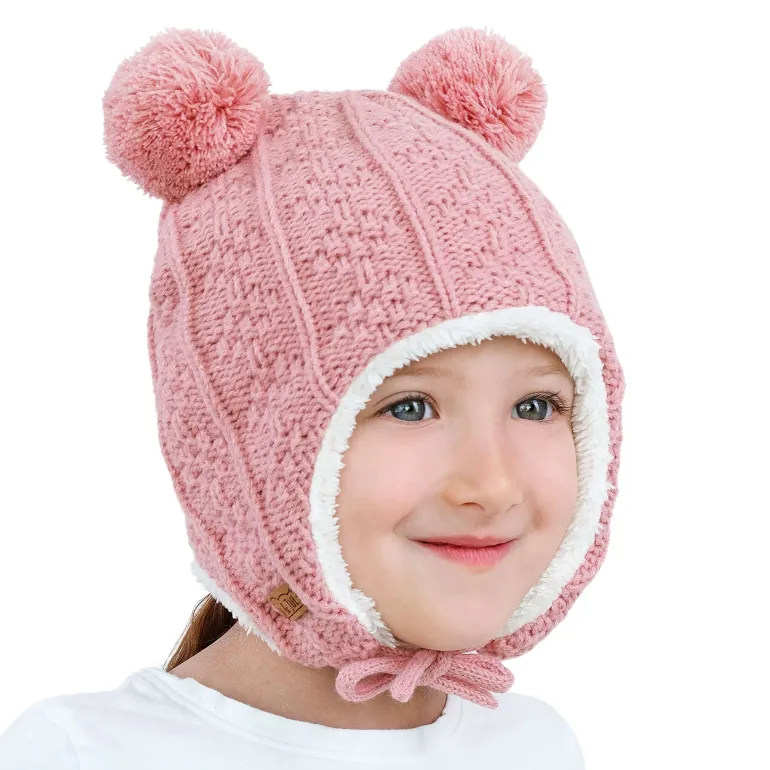 Kids Knit Winter Earflap Hats | Pink Bear
