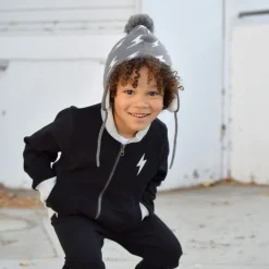 Kids Knit Winter Earflap Hats | Grey Lightning Bolt