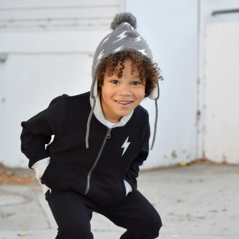 Kids Knit Winter Earflap Hats | Grey Lightning Bolt