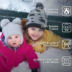 Kids Knit Winter Earflap Hats | Pink Bear