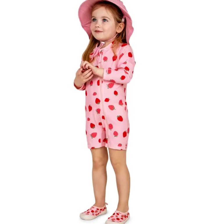 Kids One Piece UV Sun Suit | Pink Strawberry