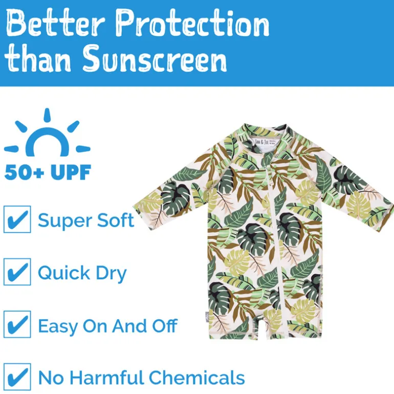 Kids One Piece UV Sun Suit | Green Tropical