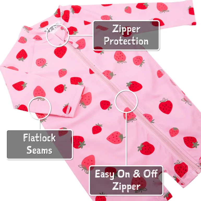Kids One Piece UV Sun Suit | Pink Strawberry