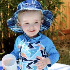 Kids Water Repellent Bucket Hats | Blue Plaid